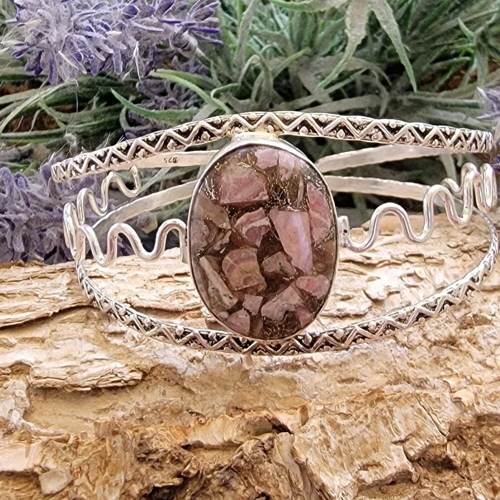 Wide Silver Cuff, Sunset Blush Brownish Pink Agate Cuff Bracelet